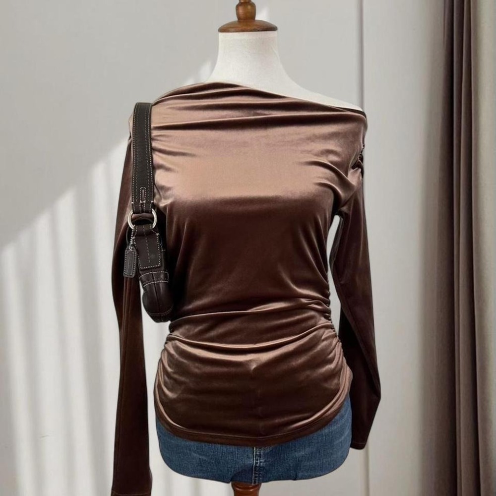 Abercrombie & Fitch Brown Velvet Off the Shoulder Ruched Long Sleeve Top Small - Picture 7 of 7